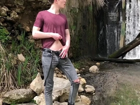 Hot hunk jerking his big dick (23cm) in public place near the dam/ teen boy